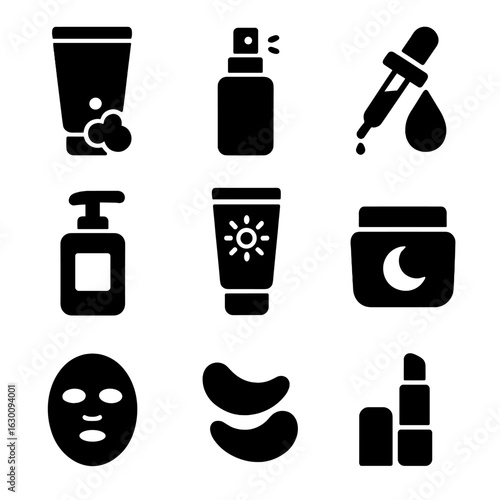 Skincare Routine Icons. Solid, filled icons set of skincare routine steps: cleansing foam, toner spray, serum