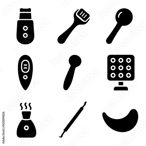 Skincare Tool Icons. Solid, filled icons set of skincare treatment tools: ultrasonic device, dermaroller,