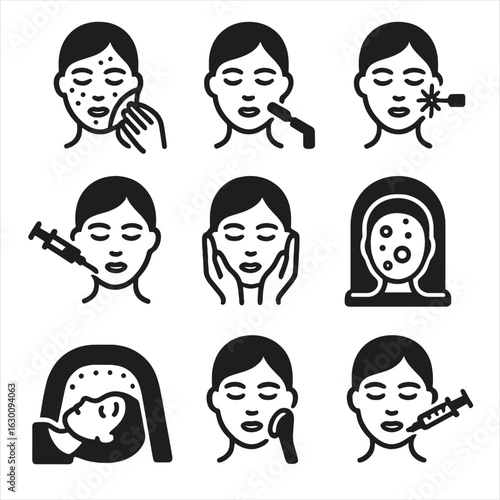 Skincare Treatment Icons. Solid, filled icons set of professional skincare treatments: chemical peel,
