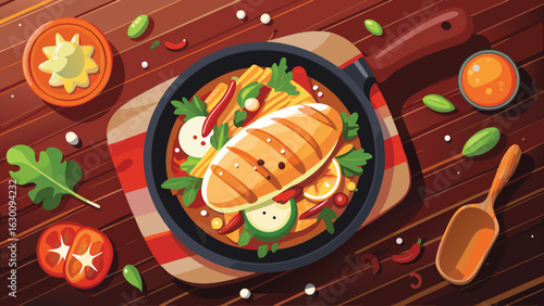 Overhead view of grilled chicken on a pan with vegetables and spices on a wooden table background scene