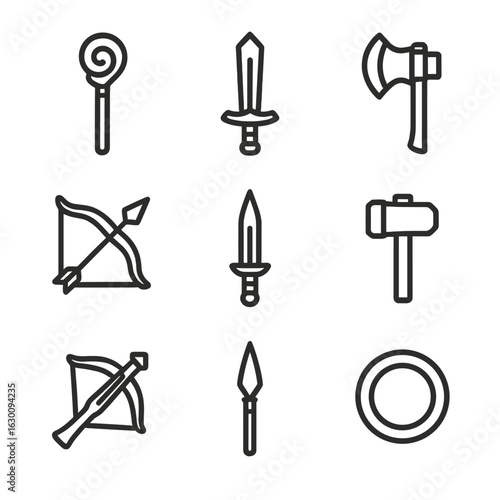 Epic Weapon Icons. Outline icon set of epic weapons: magic staff, legendary sword, battle axe, enchanted bow, throwing dagger, war