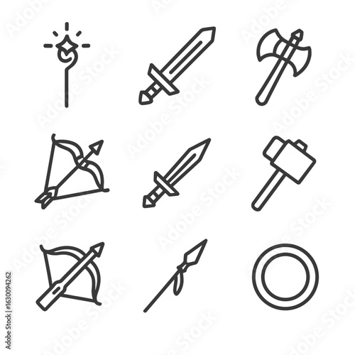 Epic Weapon Icons. Outline icon set of epic weapons: magic staff, legendary sword, battle axe, enchanted bow, throwing dagger, war