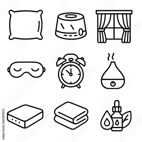 Sleep Hygiene Icons. Outline icon set of sleep hygiene tools: pillow, white noise machine, blackout curtains,