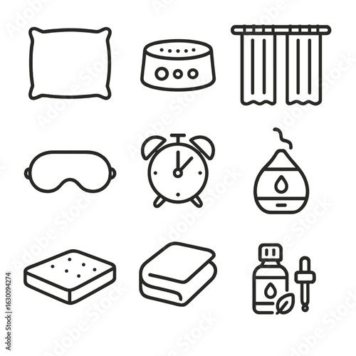 Sleep Hygiene Icons. Outline icon set of sleep hygiene tools: pillow, white noise machine, blackout curtains,
