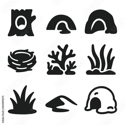 Sleep Habitats Icons. Solid, filled icons set of sleep habitats: tree hollow, underground burrow, cave, nest,