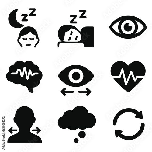 Sleep Stages Icons. Solid, filled icons set of sleep stages: light sleep, deep sleep, REM, brain waves, eye