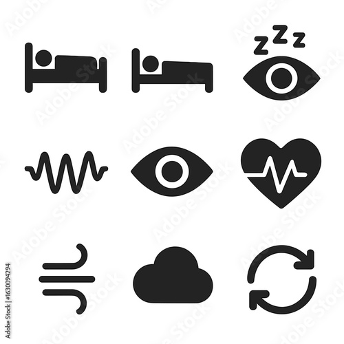 Sleep Stages Icons. Solid, filled icons set of sleep stages: light sleep, deep sleep, REM, brain waves, eye