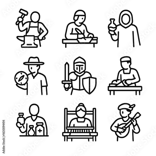 Old Professions Icons. Outline icon set of old professions: blacksmith, scribe, alchemist, explorer, knight, carpenter, apothecary