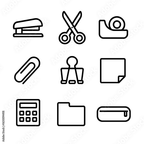 Office Supplies Icons. Outline icon set of office supplies: stapler, scissors, tape dispenser, paperclip, binder, sticky note,