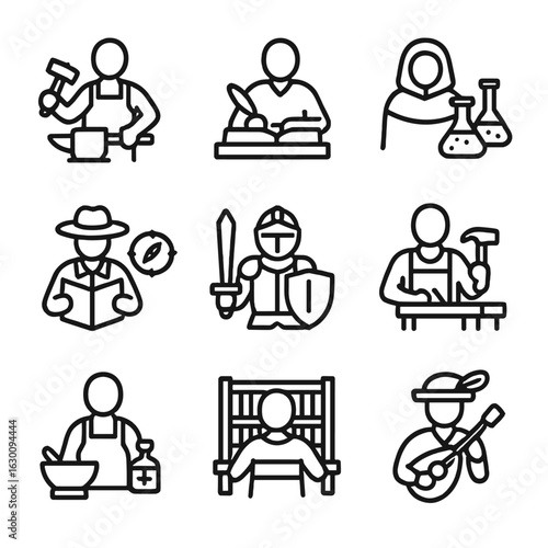Old Professions Icons. Outline icon set of old professions: blacksmith, scribe, alchemist, explorer, knight, carpenter, apothecary