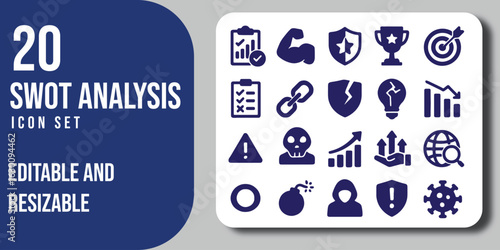 SWOT analysis icon set. Containing strengths, weaknesses, opportunities, threats, advantage, assessment, framework, strategy, planning, project and more. Solid vector icons collection.