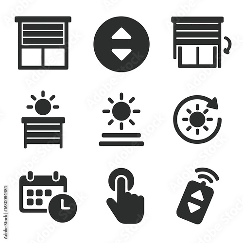Smart Blind Control Icons. Solid, filled icons set of smart blinds and shades control: window icon, blind open