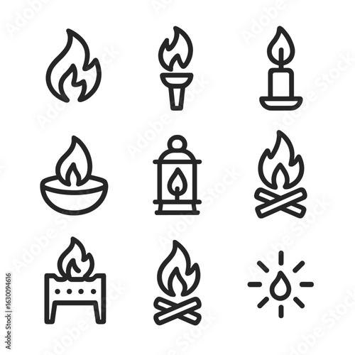Eternal Flame Icons. Outline icon set of eternal flame symbols: flame, torch, candle, fire pit, lantern, bonfire, brazier,
