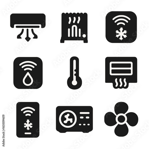Smart Climate Icons. Solid, filled icons set of smart climate control: air conditioner, heater, thermostat,
