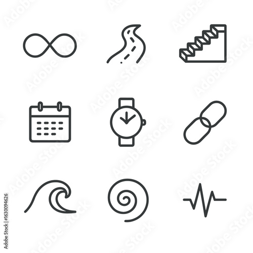 Eternal Concepts Icons. Outline icon set of eternal concepts: infinity loop, never-ending road, endless staircase, perpetual