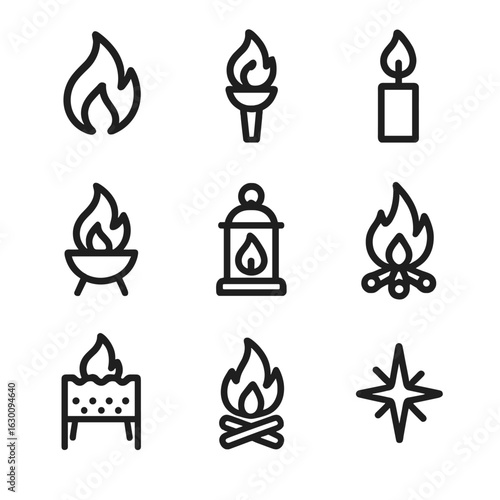 Eternal Flame Icons. Outline icon set of eternal flame symbols: flame, torch, candle, fire pit, lantern, bonfire, brazier,