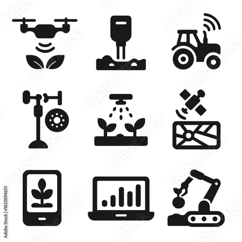 Smart Farming Icons Set. Solid, filled icons set of smart farming technologies: drone, soil sensor, automated