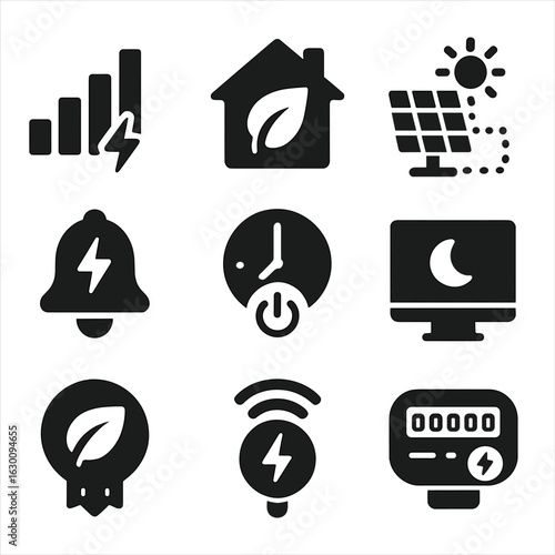 Smart Energy Icons Grid. Solid, filled icons set of energy-efficient smart home setup: power usage chart, eco
