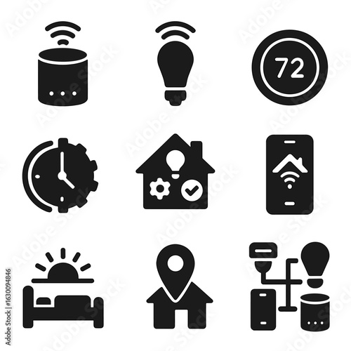 Smart Home Icons. Solid, filled icons set of creating a smart home routine: smart speaker, smart light bulb,