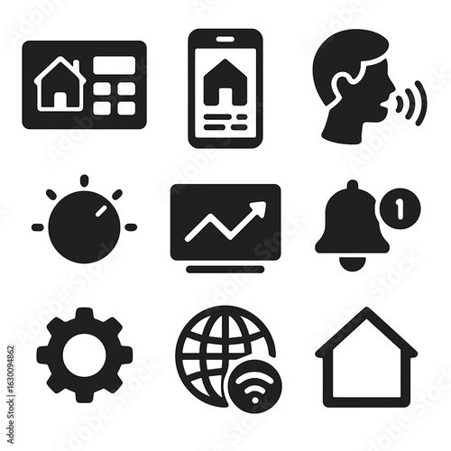Smart Home Icons. Solid, filled icons set of smart home user interfaces: touchscreen panel, mobile app, voice