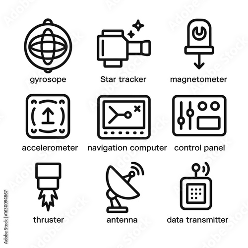 Orbit Navigation Icons. Outline icon set of orbit navigation instruments: gyroscope, star tracker, accelerometer, magnetometer,