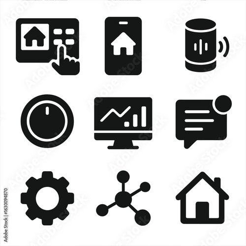 Smart Home Icons. Solid, filled icons set of smart home user interfaces: touchscreen panel, mobile app, voice