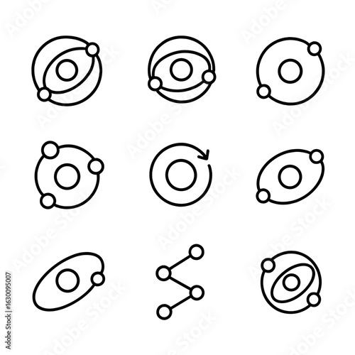 Orbital Resonance Icons. Outline icon set of orbital resonances: 2:1 resonance, 3:2 resonance, 1:1 Trojan, Laplace resonance, spin