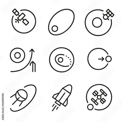 Orbital Icon Set. Outline icon set of orbital gravity: satellite orbit, elliptical orbit, geostationary orbit, escape velocity,