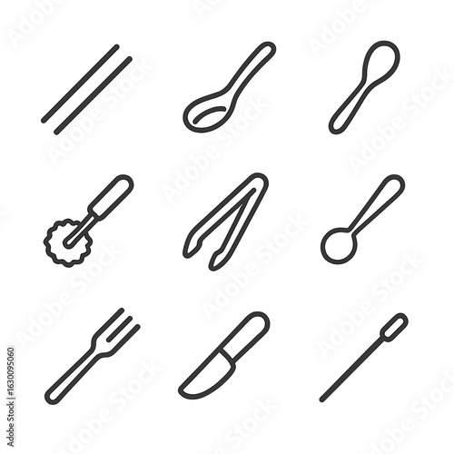 Ethnic Cutlery Icons. Outline icon set of ethnic cutlery styles: chopsticks, ramen spoon, curry spoon, flatbread cutter, tongs,