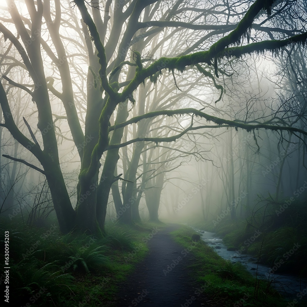 Obraz premium Misty forest path through trees draped in moss.