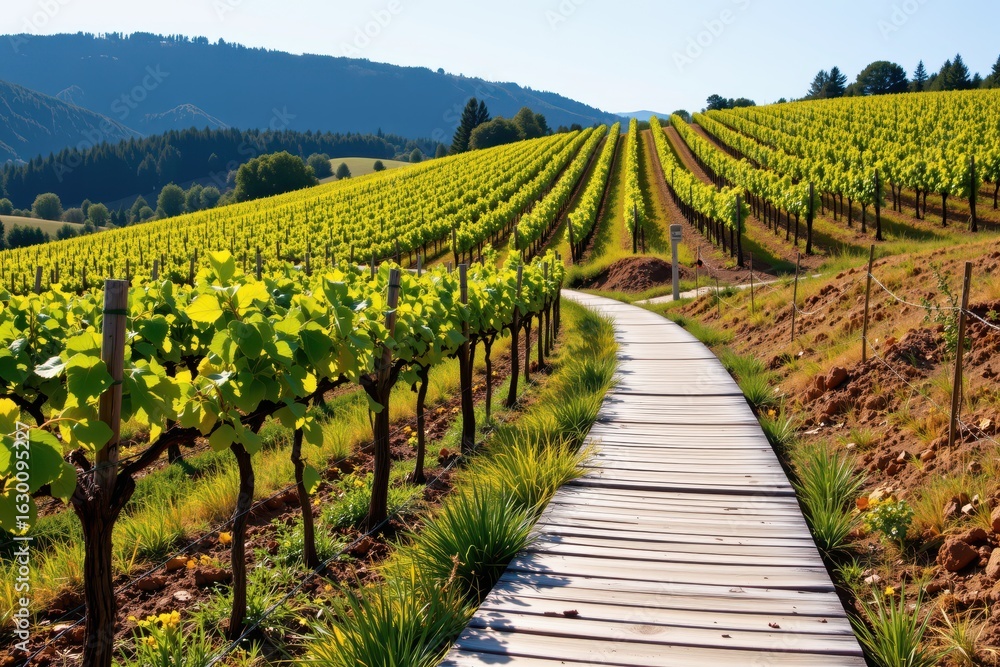 Fototapeta premium Sunlit Walkway Through a Lush Vineyard Landscape in Warm Weather