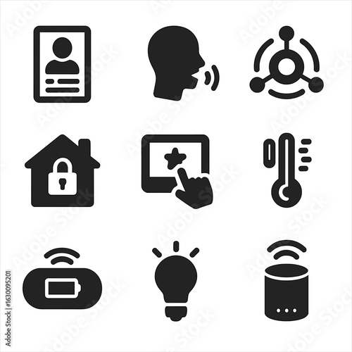 Smart Home Gadgets Icons. Solid, filled icons set of Smart home gadgets: smart mirror, voice command, IoT