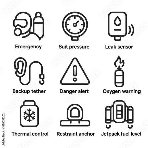 EVA Safety Icon Set. Outline icon set of EVA safety systems: emergency oxygen, suit pressure gauge, leak sensor, backup tether,