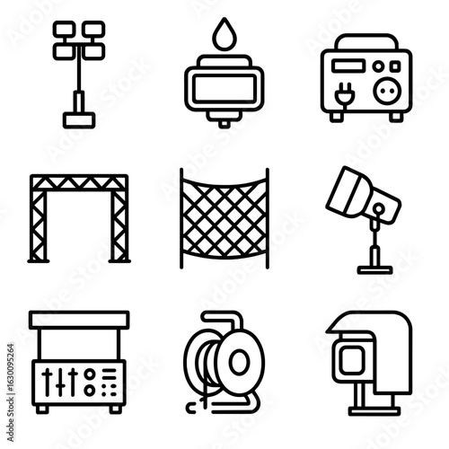Outdoor Stage Lighting Icons. Outline icon set of outdoor stage lighting: floodlight tower, waterproof light, power generator,