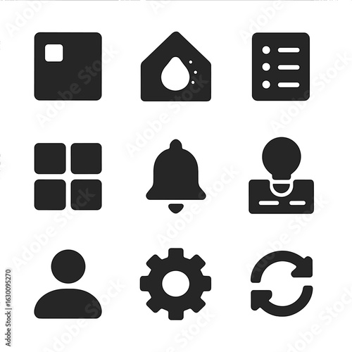 Smart Home Interface Icons. Solid, filled icons set of smart home app interface: dashboard icon, home status