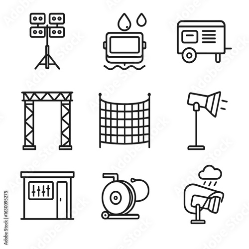 Outdoor Stage Lighting Icons. Outline icon set of outdoor stage lighting: floodlight tower, waterproof light, power generator,