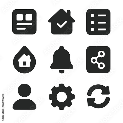 Smart Home Interface Icons. Solid, filled icons set of smart home app interface: dashboard icon, home status