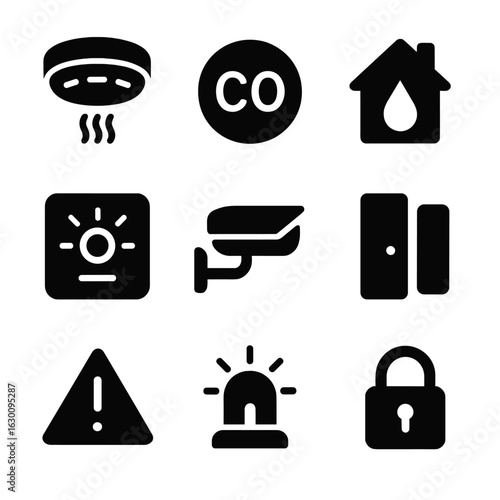 Smart Home Safety Icons. Solid, filled icons set of smart home safety features: smoke detector, carbon