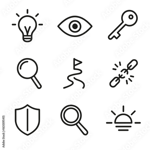 Overcoming Blind Spots Icons. Outline icon set of overcoming blind spots: light bulb, open eye, key, magnifier, pathway, breaking