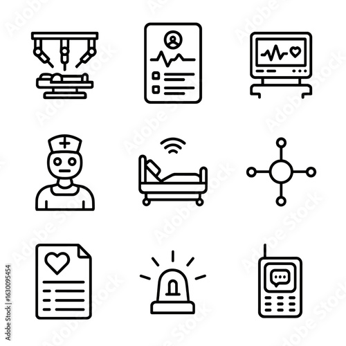 Smart Hospital Icon Set. Outline icon set of smart hospital technology: robotic surgery, digital chart,