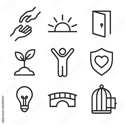 Overcoming Helplessness Icons. Outline icon set of overcoming helplessness: helping hand, rising sun, unlocked door, growing plant