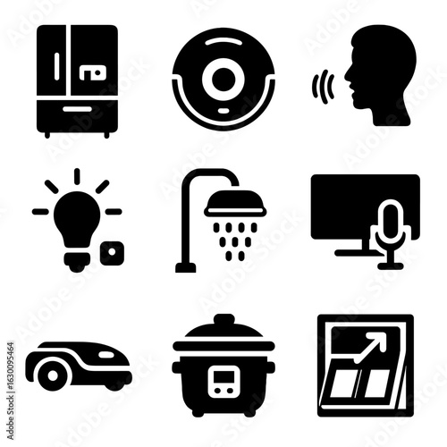 Smart Home Technology Icons. Solid, filled icons set of Daily living support technology: smart fridge, robotic