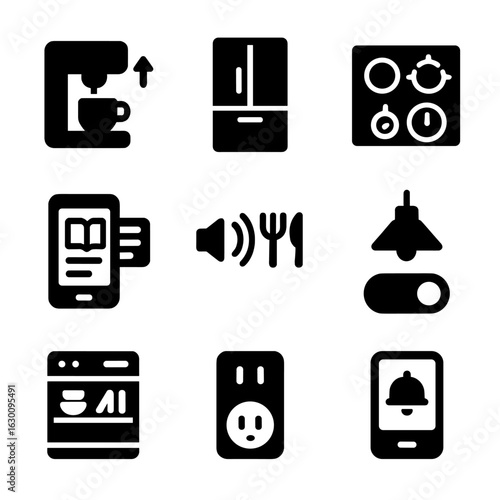 Smart Kitchen Icons. Solid, filled icons set of smart kitchen routines: coffee machine start, smart fridge