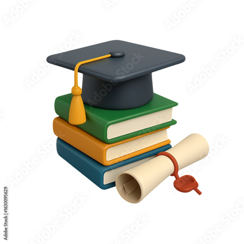 Stack of colorful books with graduation cap and diploma isolated on transparent background