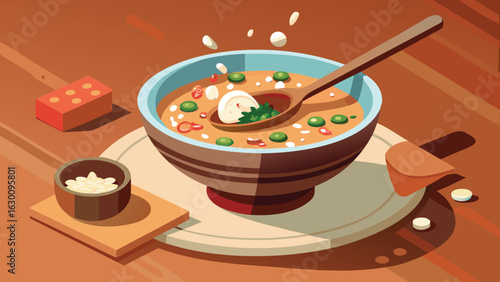 A bowl of soup with peas and chili peppers with a spoon and a small bowl of rice on a wooden table