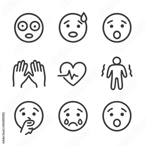 Panic Emotion Icons. Outline icon set of panic emotions: wide eyes, sweating forehead, open mouth, shaking hands, rapid heartbeat,