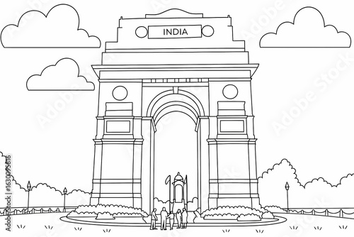 Black ink line illustration of India Gate new delhi
