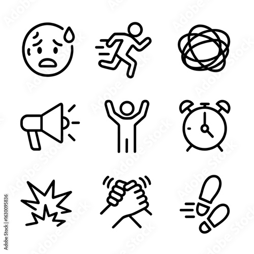 Panic Frenzy Icon Set. Outline icon set of panic and frenzy: sweating face, speeding runner, chaotic scribbles, loudspeaker