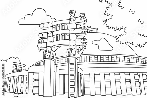 Black ink line illustration of sanchi stupa, madhya pradesh india