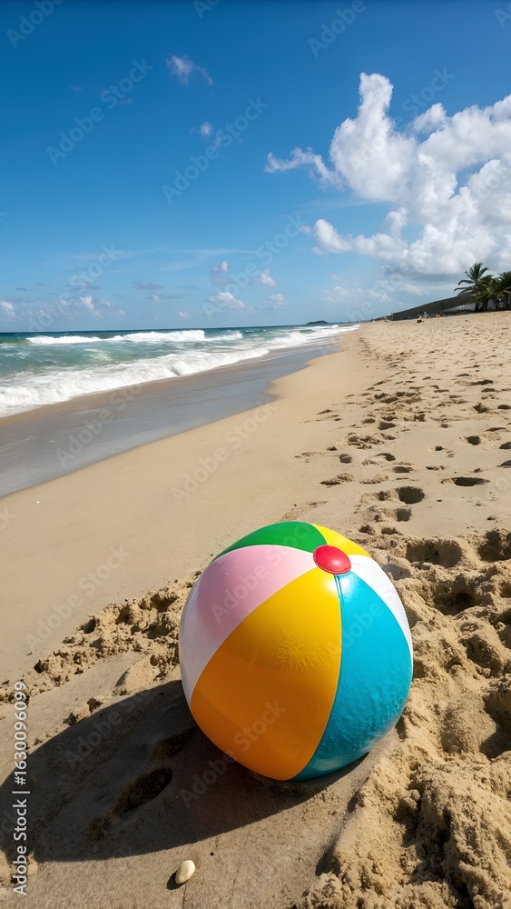 Obraz premium Colorful beach ball on a sandy beach near the ocean. ideal for summer and outdoor themes